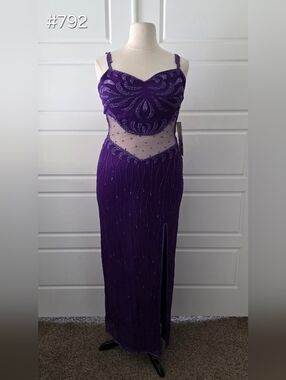 Purple Silk Beaded Column Evening Gown with Cut-Outs